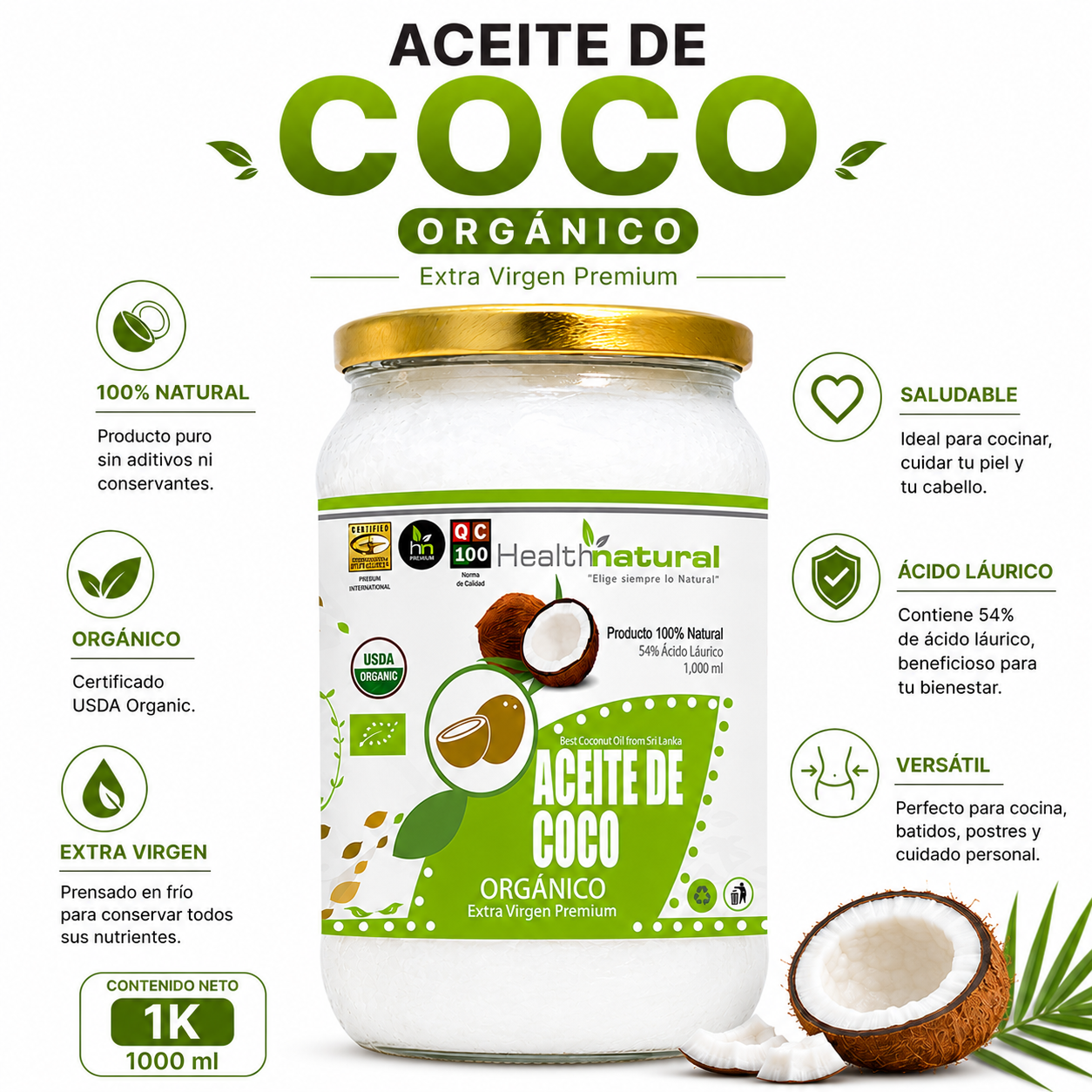 PACK 3 ACEITE DE COCO ORGÁNICO HEALTHNATURAL 3000ML - 2
