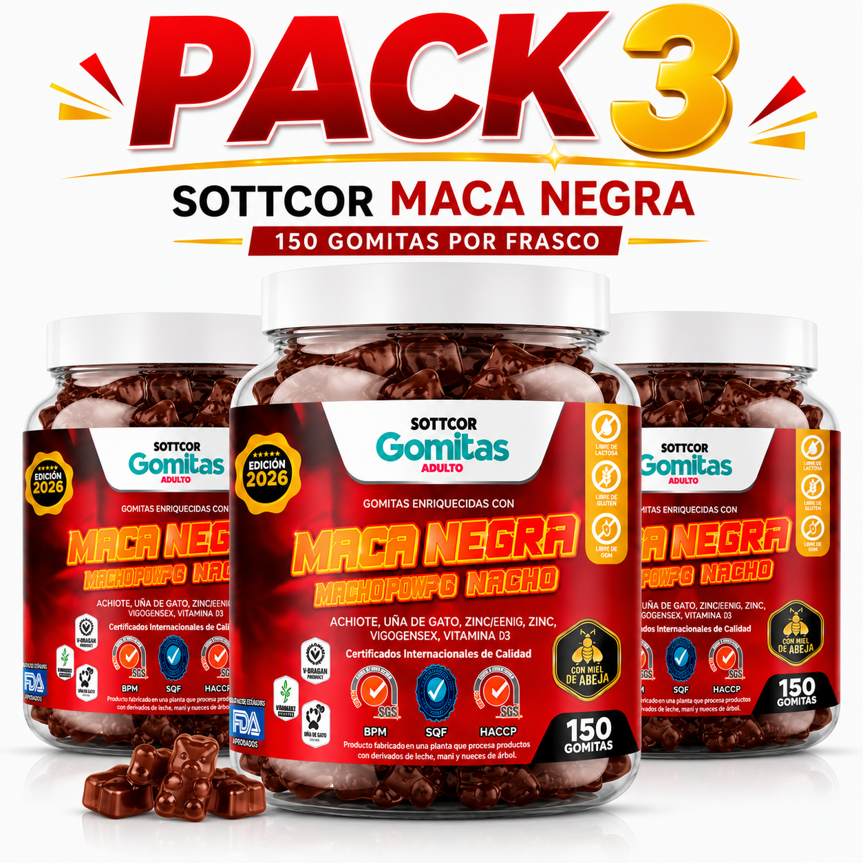 PACK 3 GOMITAS MACA NEGRA PARA ADULTOS 450 GOMITAS SOTTCOR LABS - 1