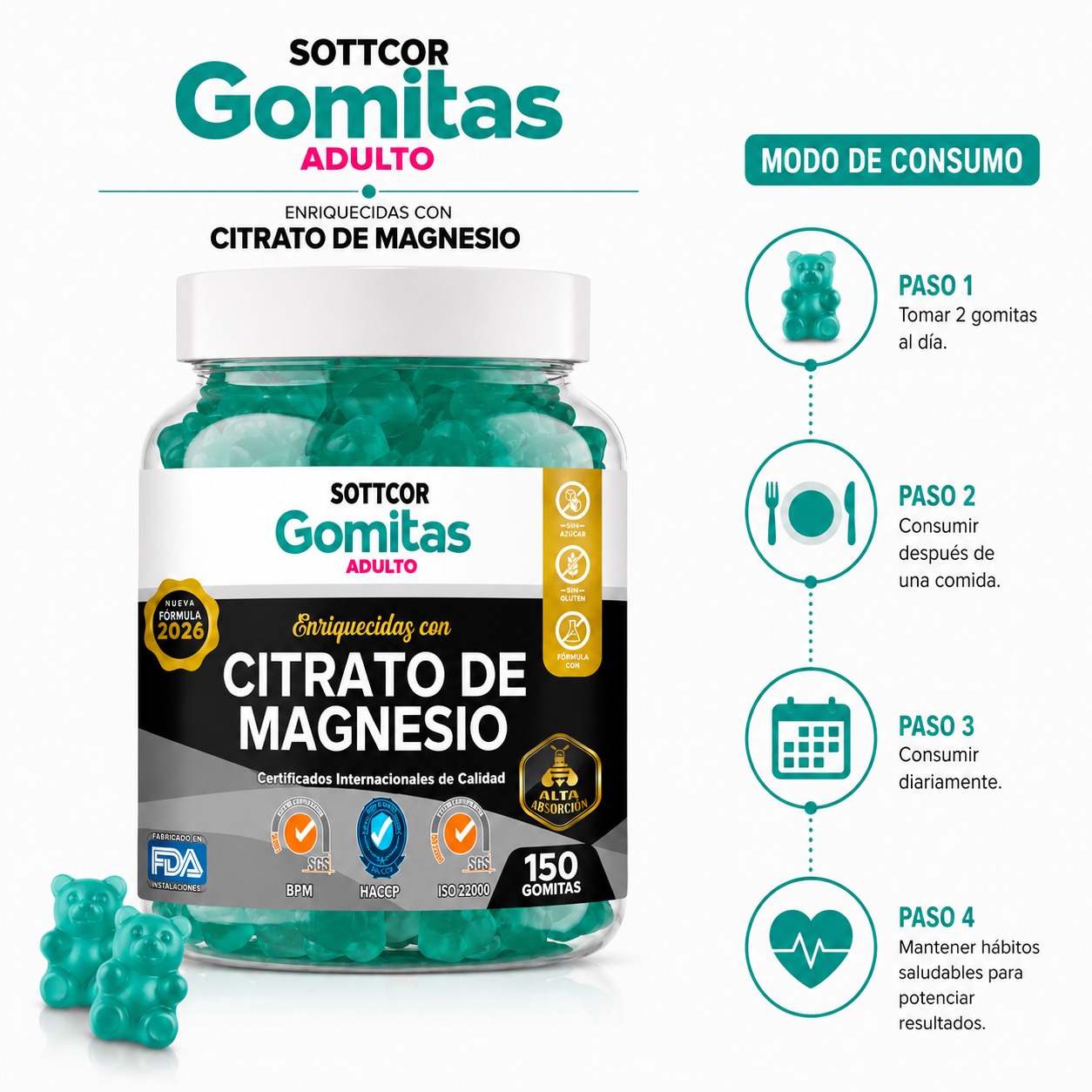 PACK 3 CITRATO DE MAGNESIO PARA ADULTOS 450 GOMITAS SOTTCOR LABS - 3