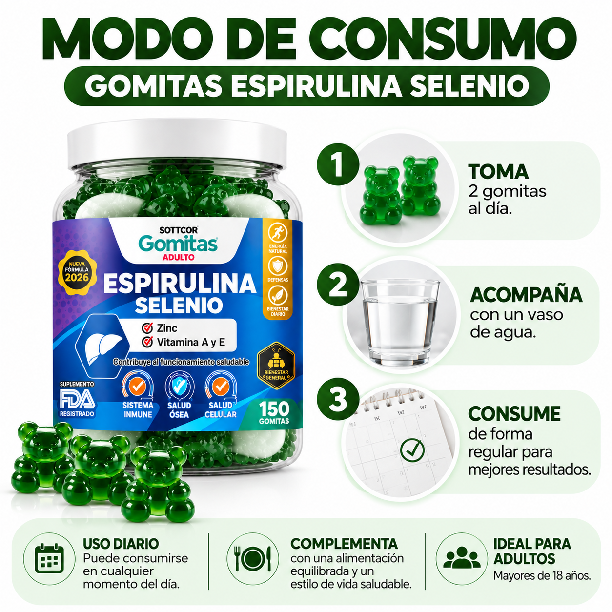 PACK 2 GOMITAS ESPIRULINA SELENIO PARA ADULTOS 300 GOMITAS SOTTCOR LABS - 4