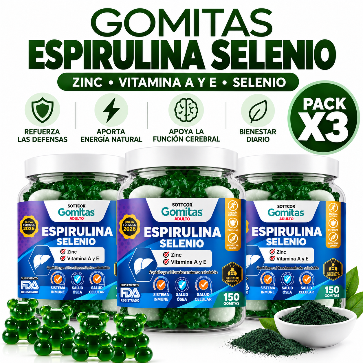 PACK 3 GOMITAS ESPIRULINA SELENIO PARA ADULTOS 450 GOMITAS SOTTCOR LABS - 1
