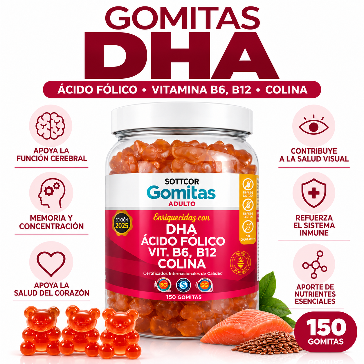 GOMITAS DHA ACIDO FOLICOPARA ADULTOS 150 GOMITAS SOTTCOR LABS - 1