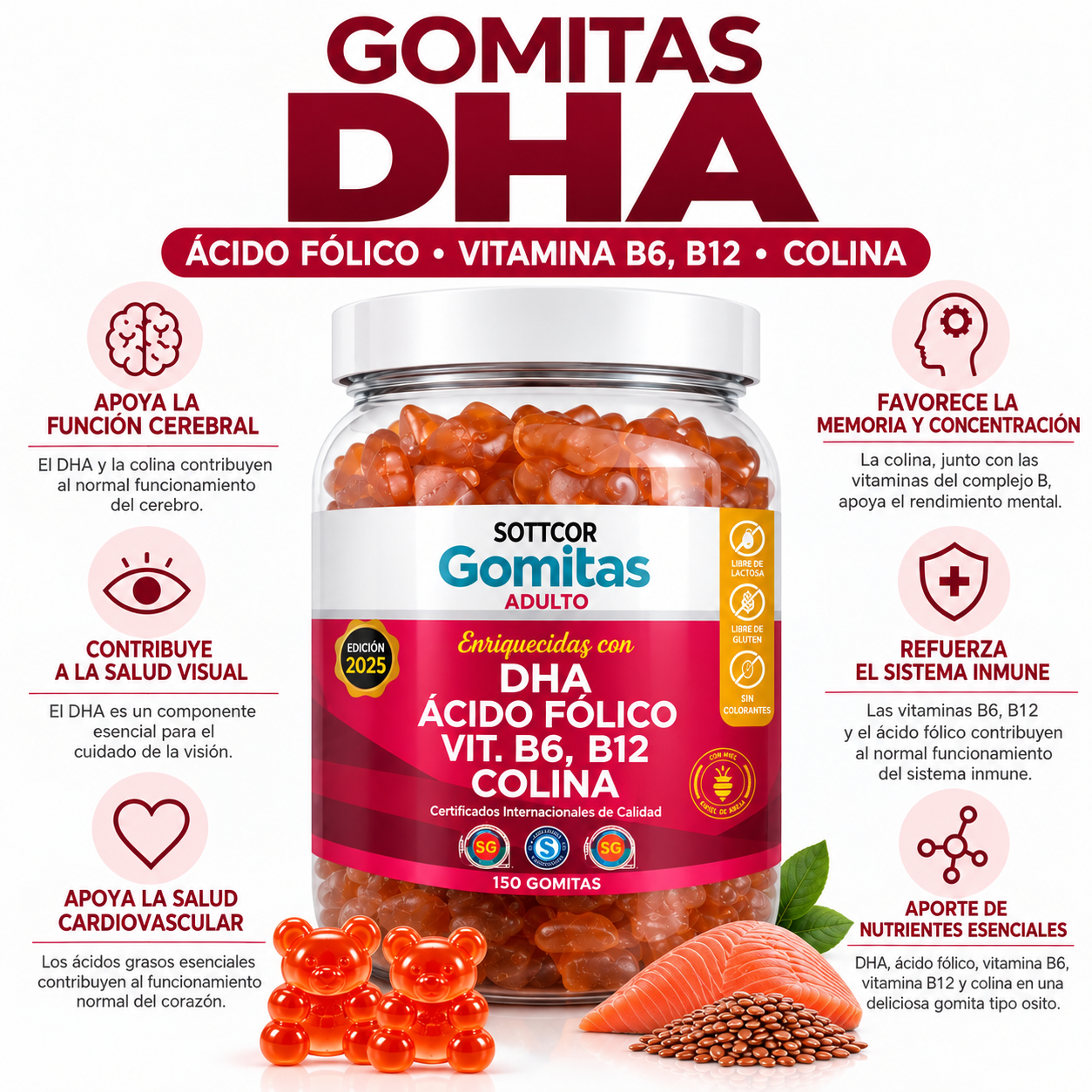 GOMITAS DHA ACIDO FOLICOPARA ADULTOS 150 GOMITAS SOTTCOR LABS - 3