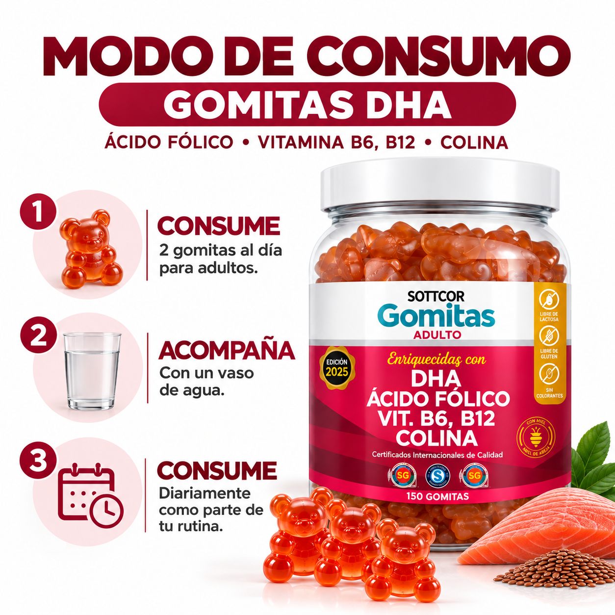 GOMITAS DHA ACIDO FOLICOPARA ADULTOS 150 GOMITAS SOTTCOR LABS - 4