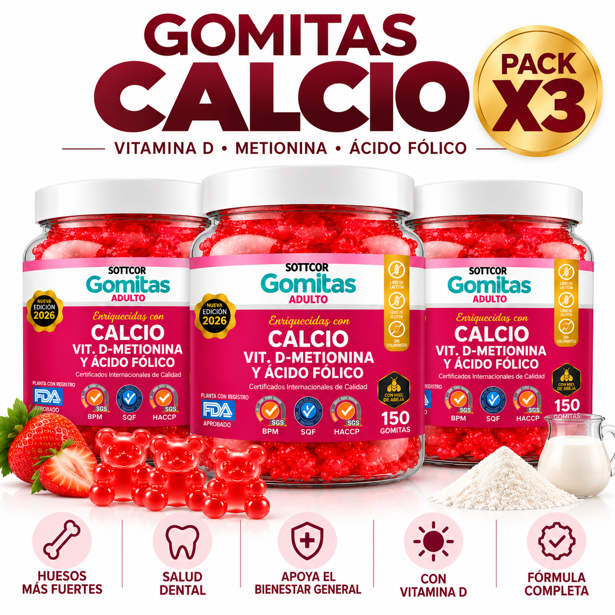 PACK 3 GOMITAS CALCIO PARA ADULTOS 450 GOMITAS SOTTCOR LABS - 1
