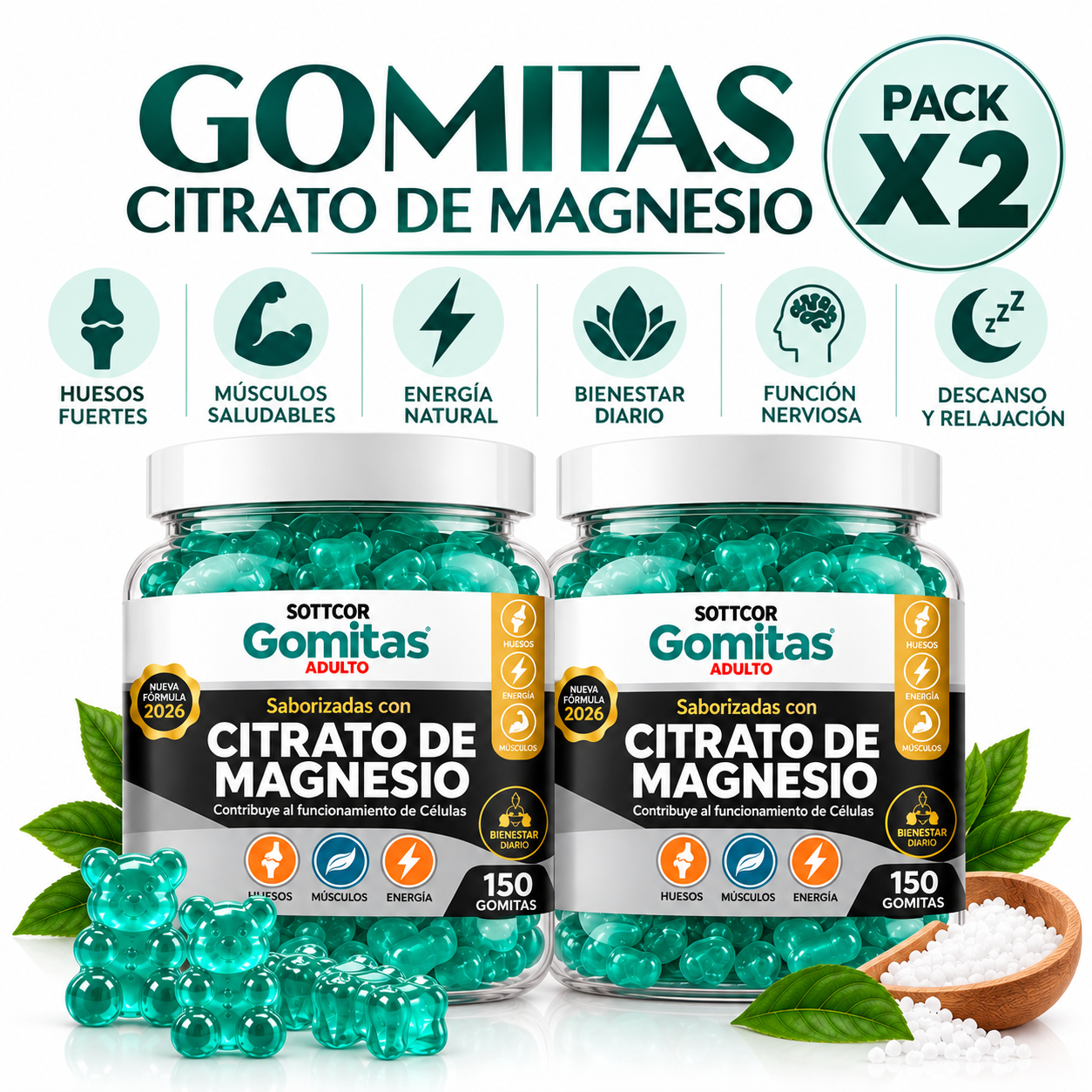 PACK 2 CITRATO DE MAGNESIO PARA ADULTOS 300 GOMITAS SOTTCOR LABS - 1