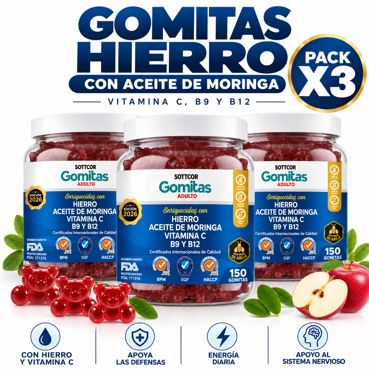 PACK 3 HIERRO PARA ADULTOS 450 GOMITAS SOTTCOR LABS - 1