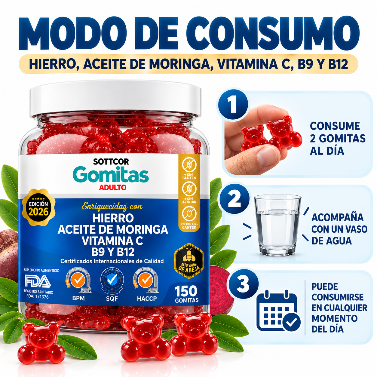 PACK 3 HIERRO PARA ADULTOS 450 GOMITAS SOTTCOR LABS - 4