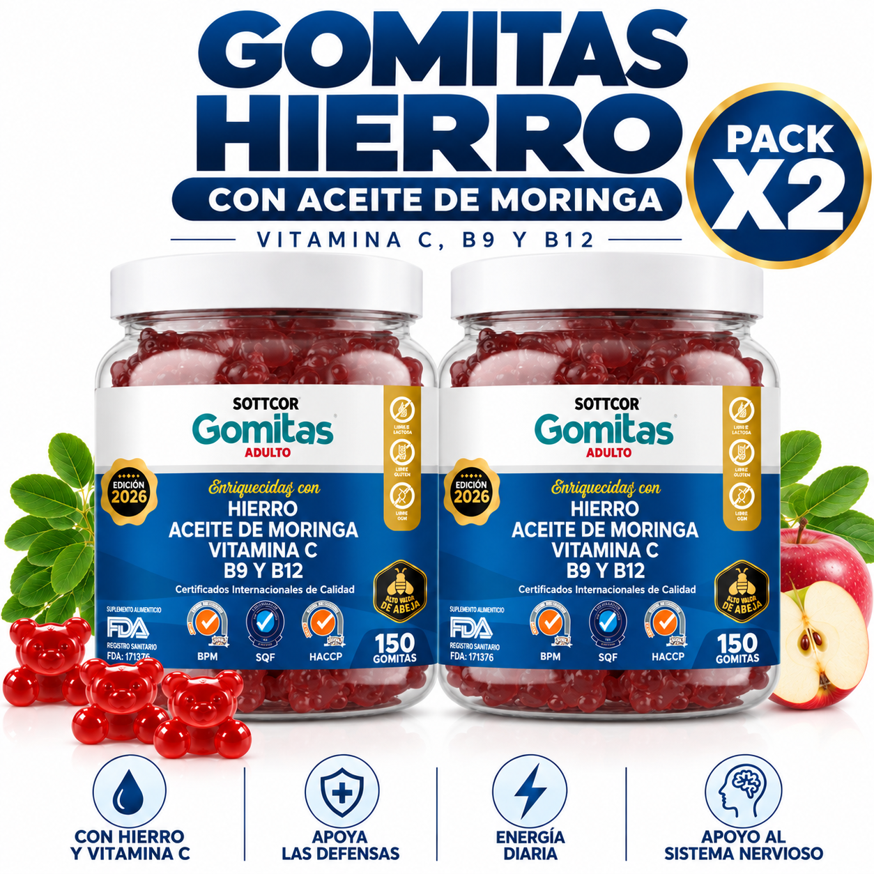 PACK 2 HIERRO PARA ADULTOS 300 GOMITAS SOTTCOR LABS - 1