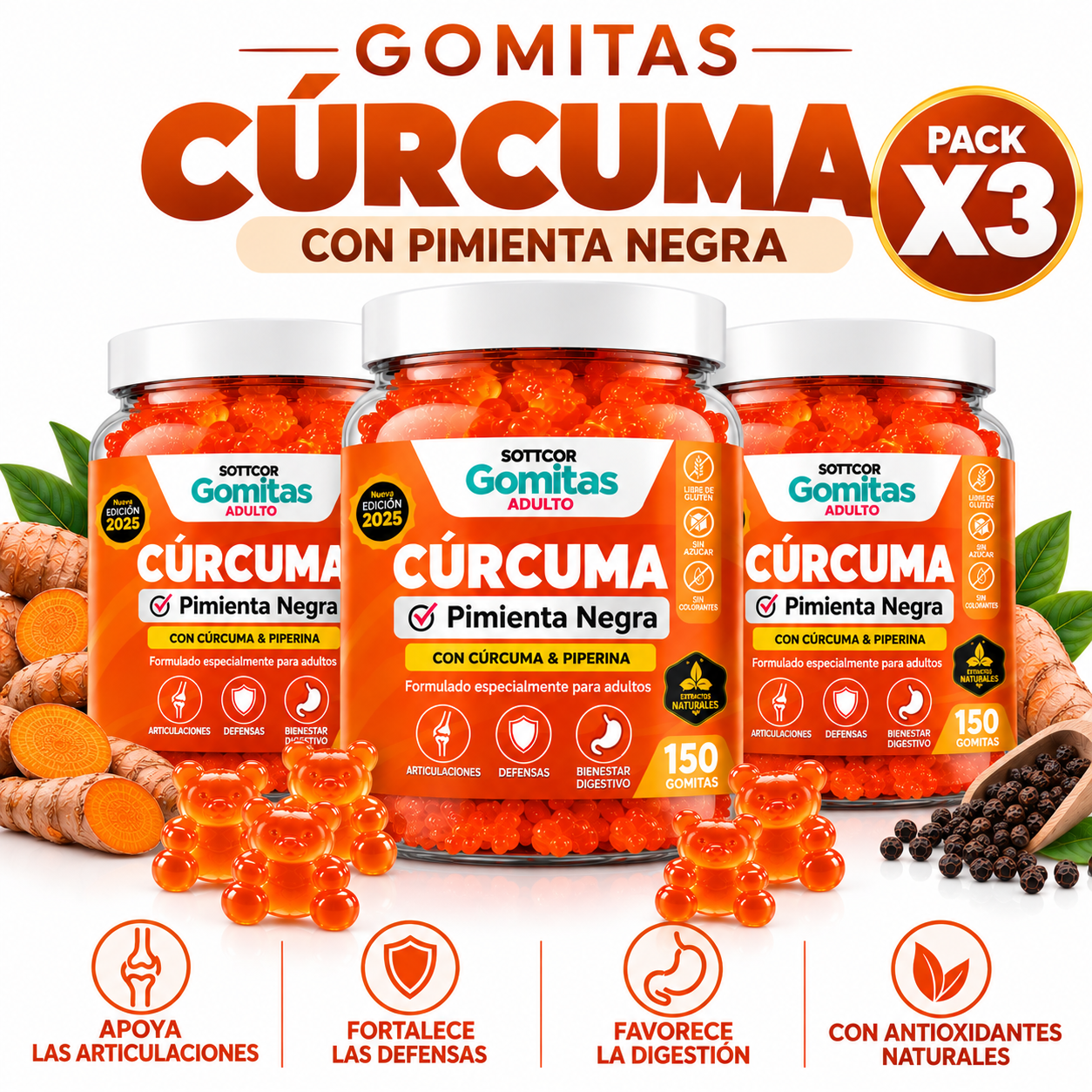 PACK 3 GOMITAS CÚRCUMA 450 GOMITAS SOTTCOR LABS - 1