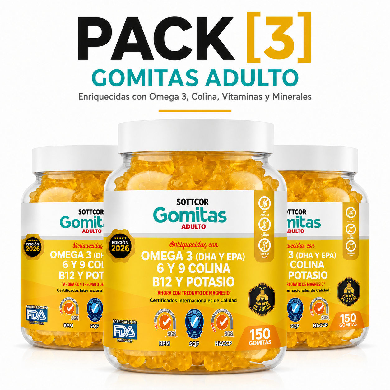 PACK 3 GOMITAS OMEGA 3 PARA ADULTOS 450 GOMITAS SOTTCOR LABS - 1