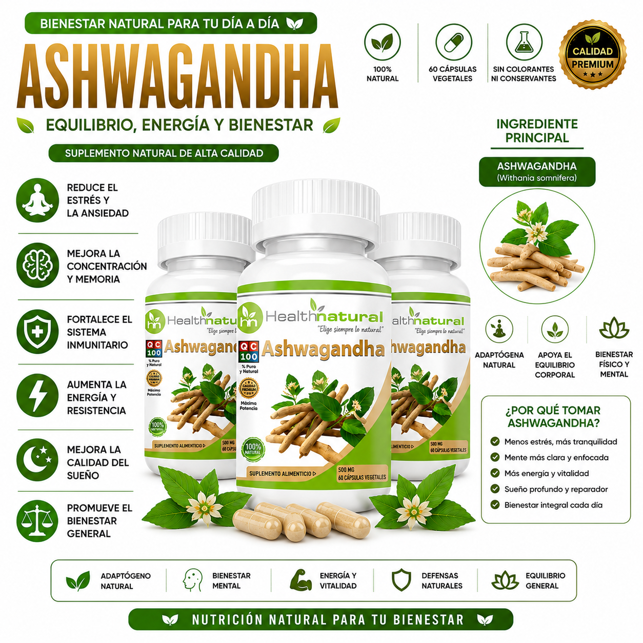 PACK 3 ASHWAGANDHA HEALTHNATURAL 1500MG - 1