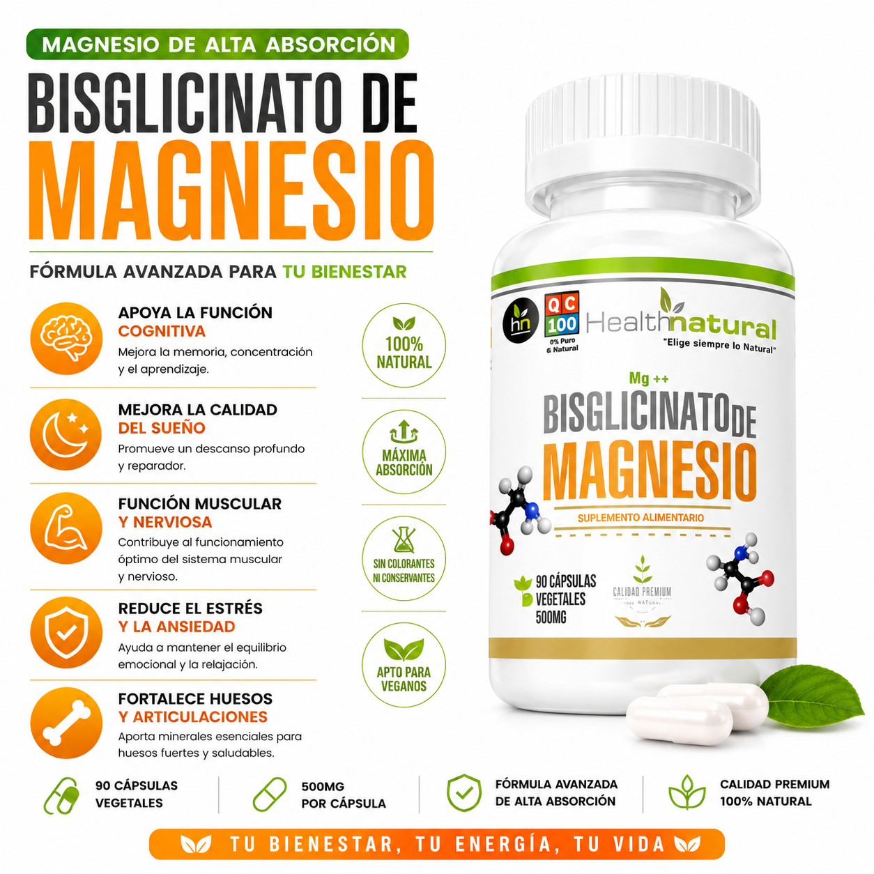 BISGLICINATO DE MAGNESIO HEALTHNATURAL 500MG - 1