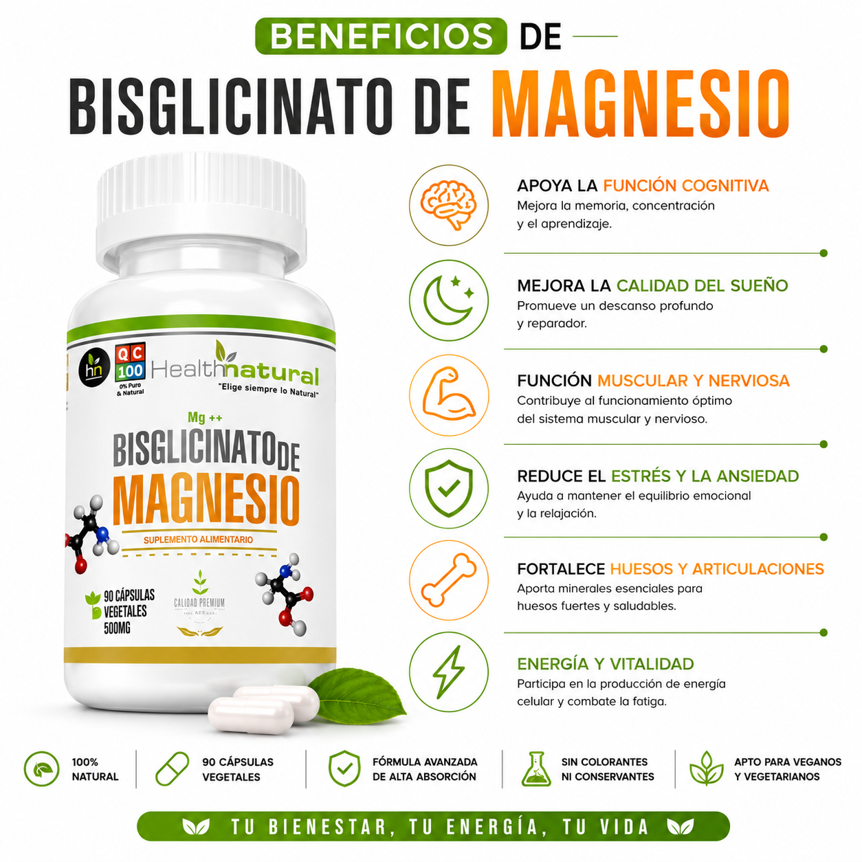 BISGLICINATO DE MAGNESIO HEALTHNATURAL 500MG - 2