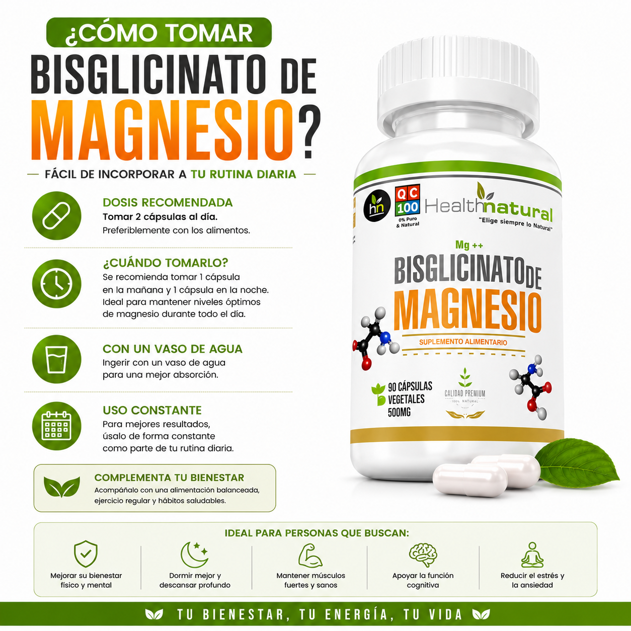 BISGLICINATO DE MAGNESIO HEALTHNATURAL 500MG - 3