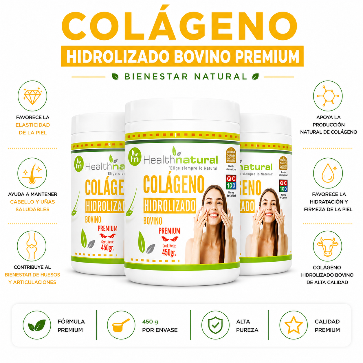 PACK 3 COLÁGENO HIDROLIZADO PREMIUM HEALTHNATURAL 1350MG - 1