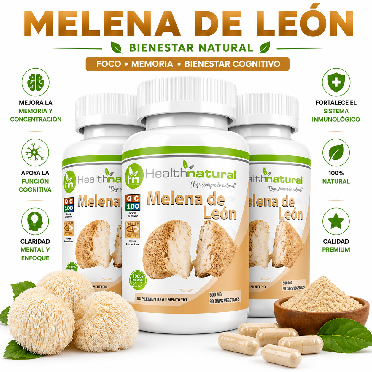 PACK 3 MELENA DE LEÓN HEALTHNATURAL 1500MG - 1