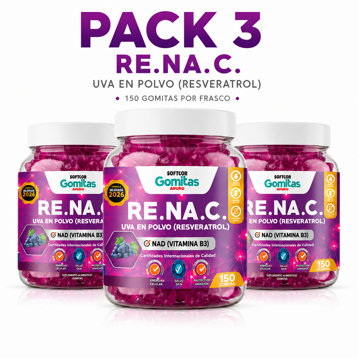 PACK 3 GOMITAS RESVERATROL PARA ADULTOS 450 GOMITAS SOTTCOR LABS - 1