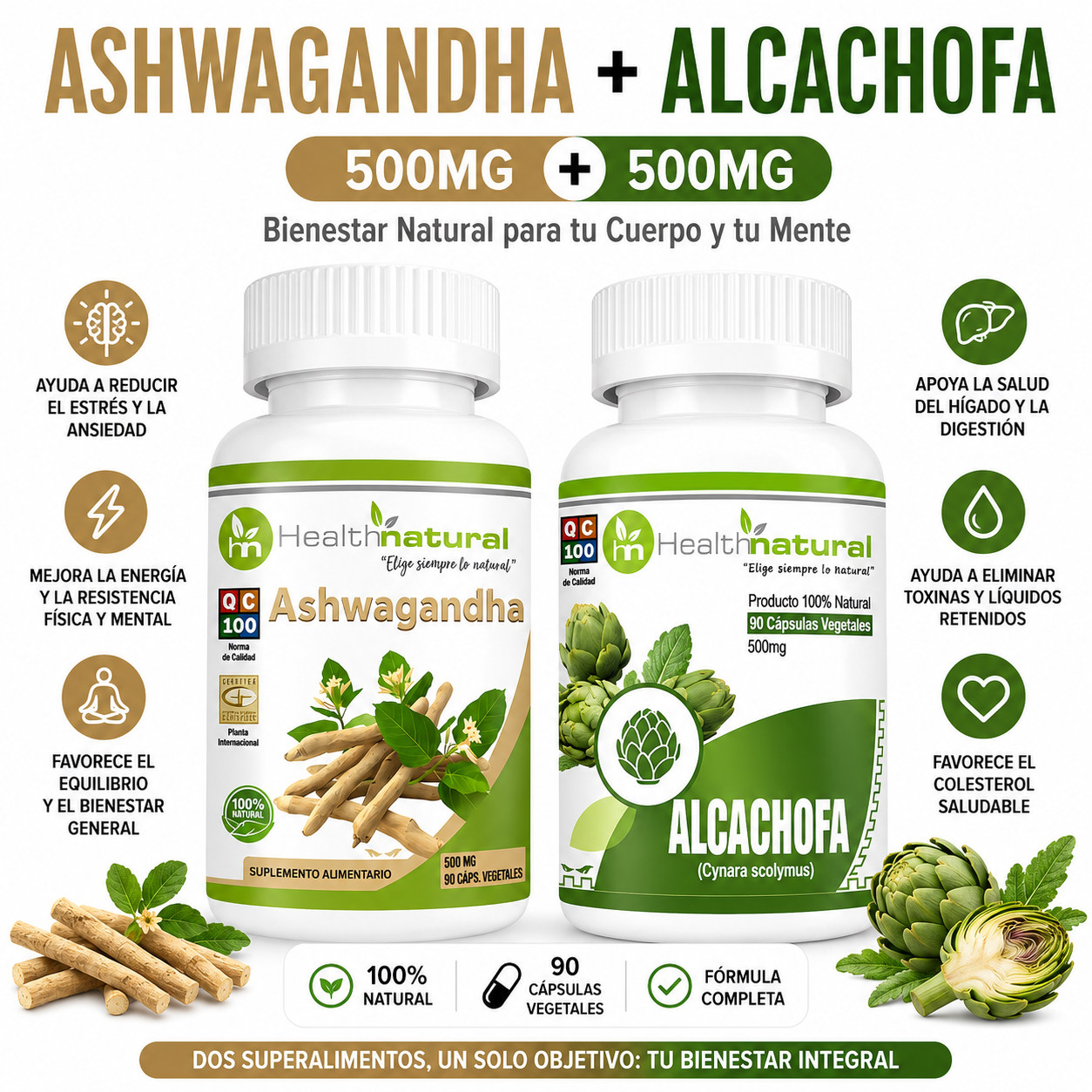 ASHWAGANDHA HEALTHNATURAL 500MG + ALCACHOFA HEALTHNATURAL 500MG - 1