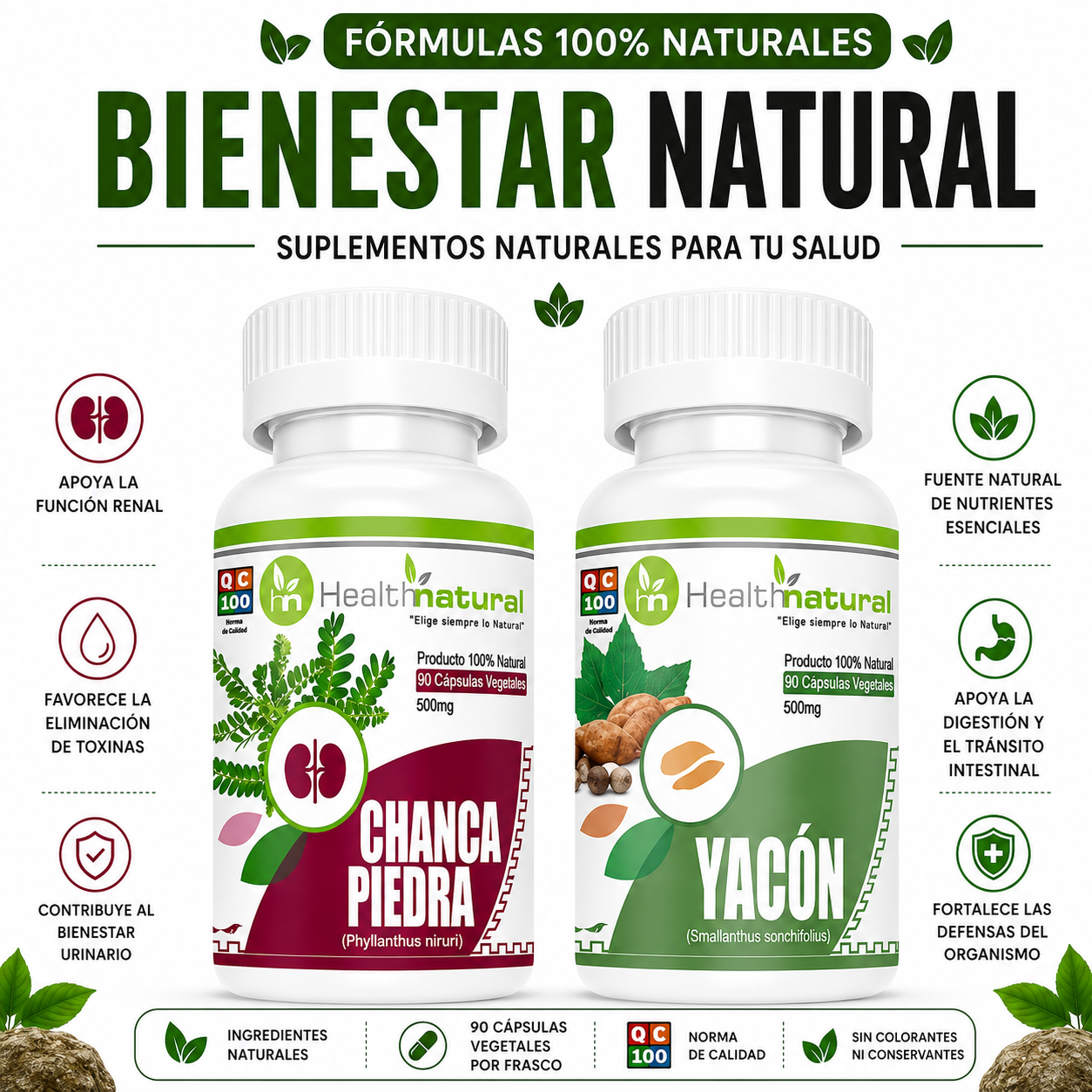 CHANCA PIEDRA HEALTHNATURAL 500MG + YACÓN HEALTHNATURAL 500MG - 1