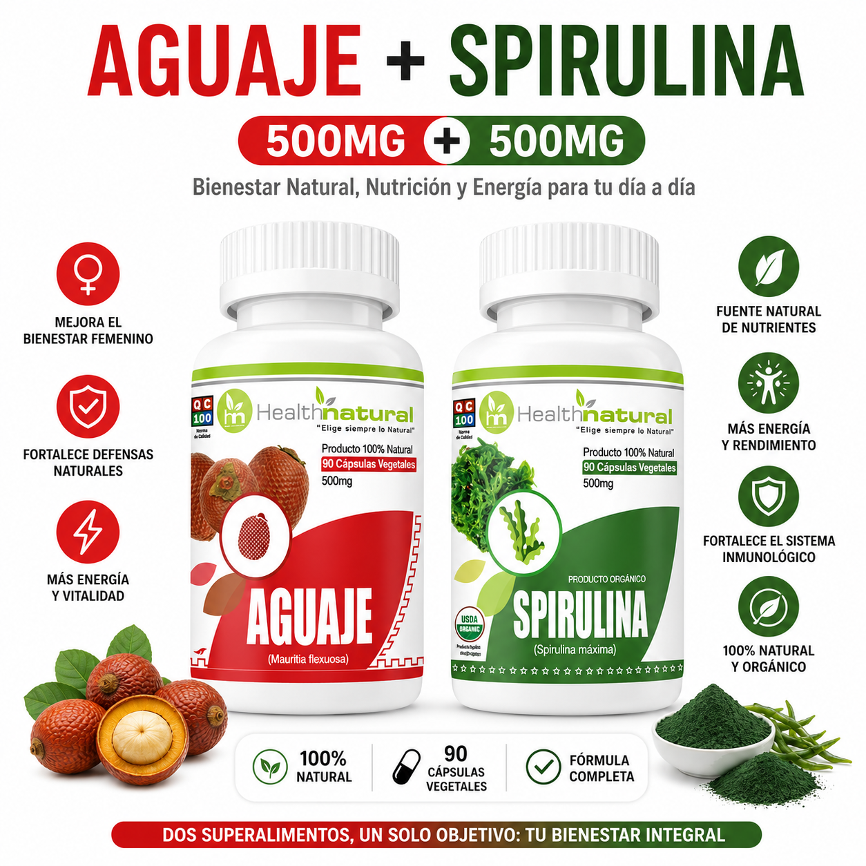 AGUAJE HEALTHNATURAL 500MG + SPIRULINA HEALTHNATURAL 500MG - 1