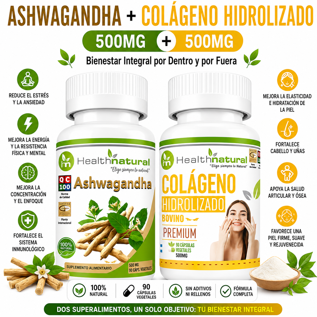 ASHWAGANDHA HEALTHNATURAL + COLÁGENO HIDROLIZADO HEALTHNATURAL 500MG - 1