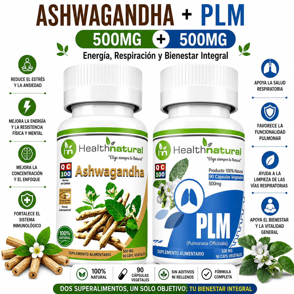 ASHWAGANDHA HEALTHNATURAL 500MG + PLM(PULMONARIA) HEALTHNATURAL 500MG - 1