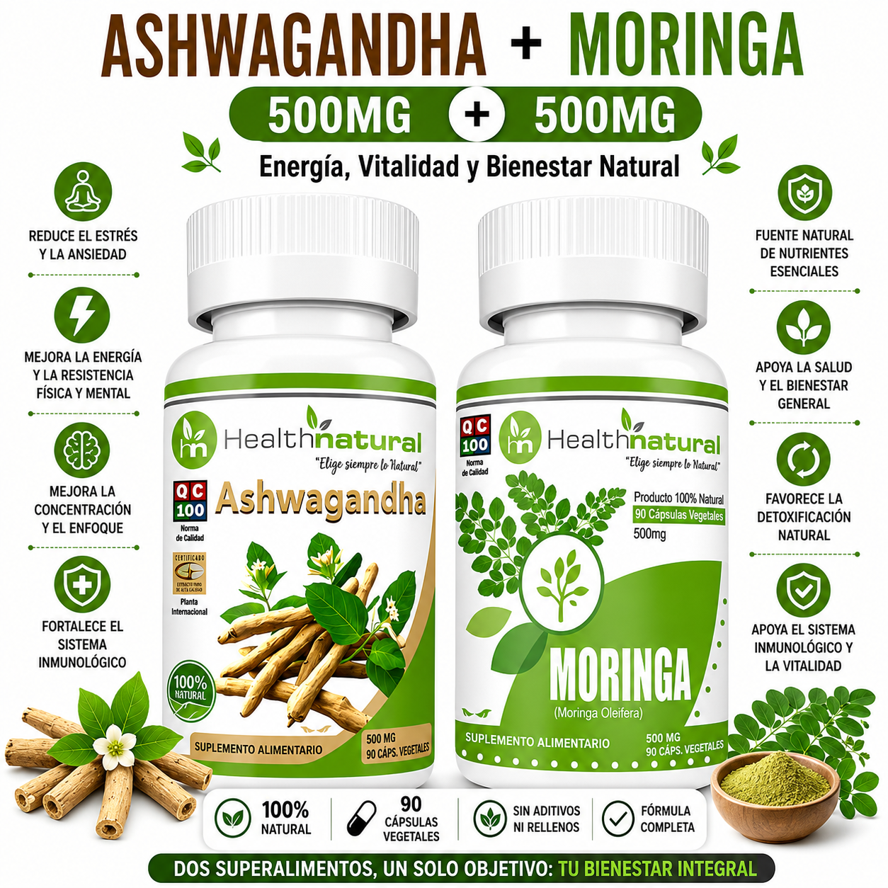 ASHWAGANDHA HEALTHNATURAL 500MG + MORINGA HEALTHNATURAL 500MG - 1