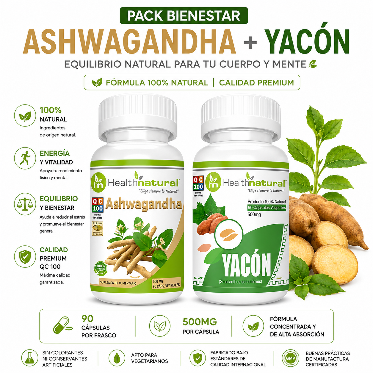 ASHWAGANDHA HEALTHNATURAL 500MG + YACÓN HEALTHNATURAL 500MG - 1