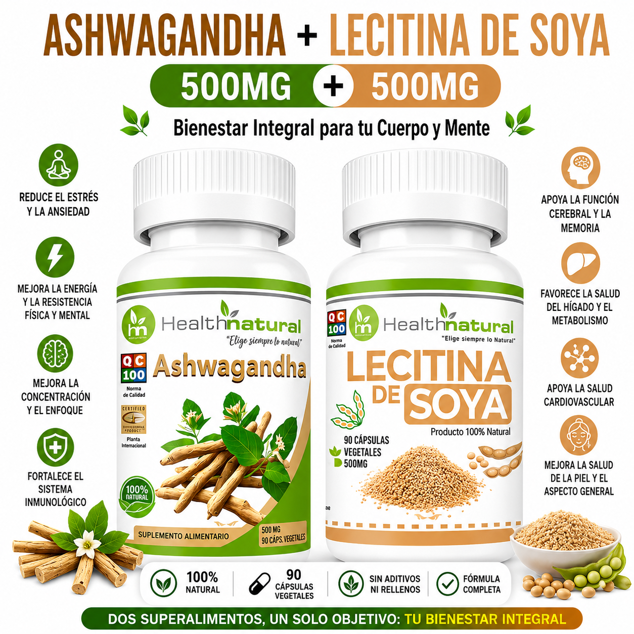 ASHWAGANDHA HEALTHNATURAL 500MG + LECITINA DE SOYA HEALTHNATURAL 500MG - 1