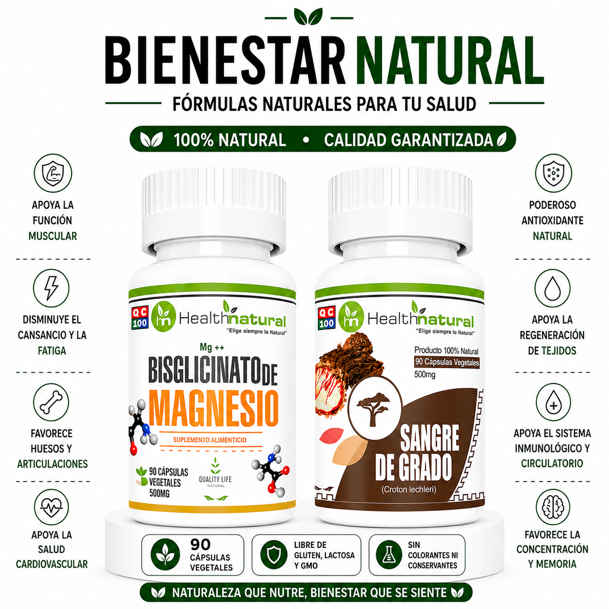 BISGLICINATO DE MAGNESIO HEALTHNATURAL + SANGRE DE GRADO HEALTHNATURAL - 1