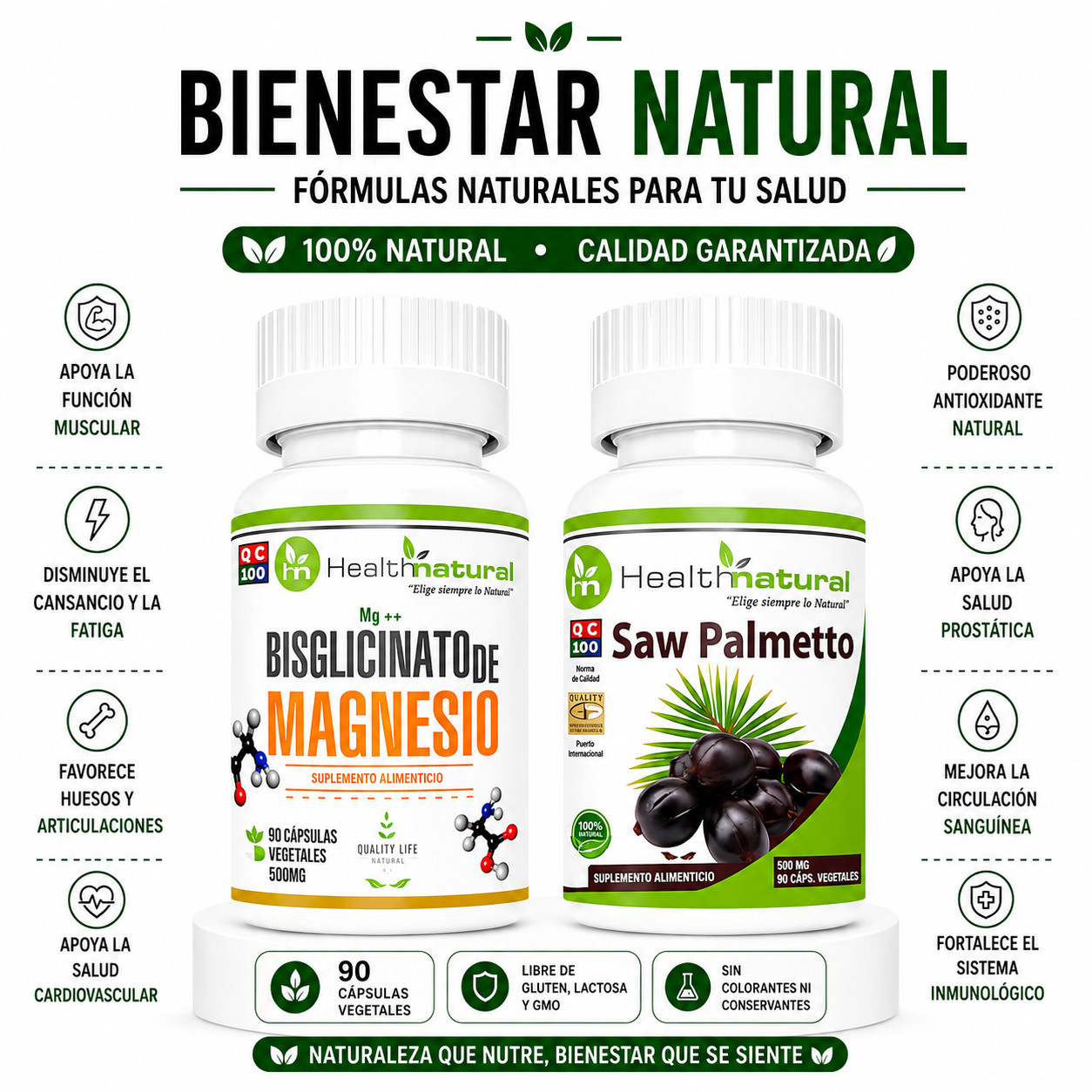 BISGLICINATO DE MAGNESIO HEALTHNATURAL  + SAW PALMETTO HEALTHNATURAL - 1