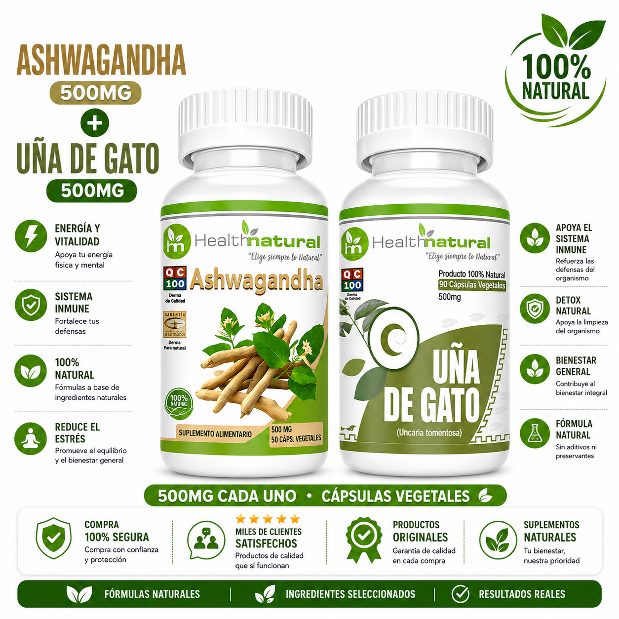 ASHWAGANDHA HEALTHNATURAL 500MG + UÑA DE GATO HEALTHNATURAL 500MG - 1