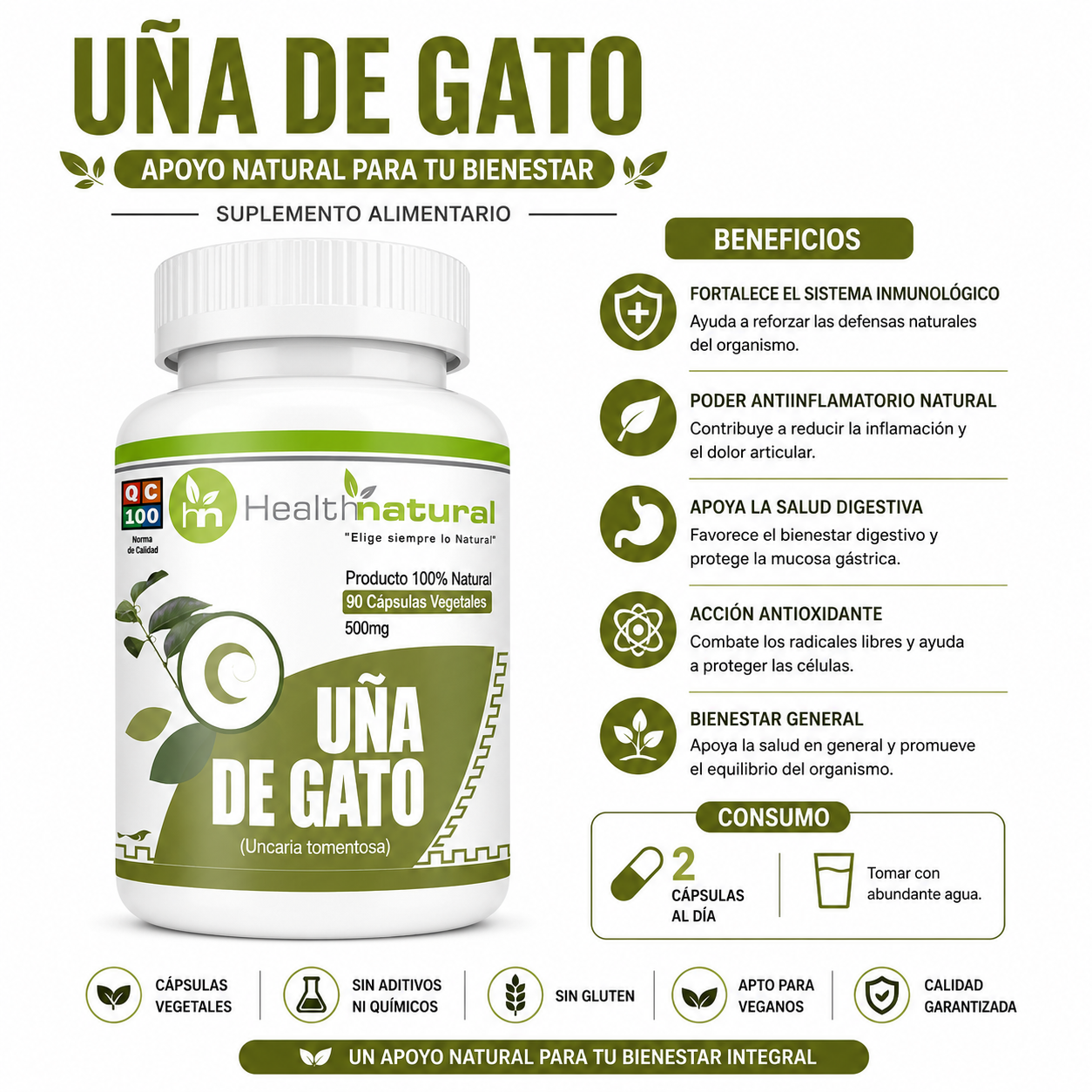 ASHWAGANDHA HEALTHNATURAL 500MG + UÑA DE GATO HEALTHNATURAL 500MG - 3