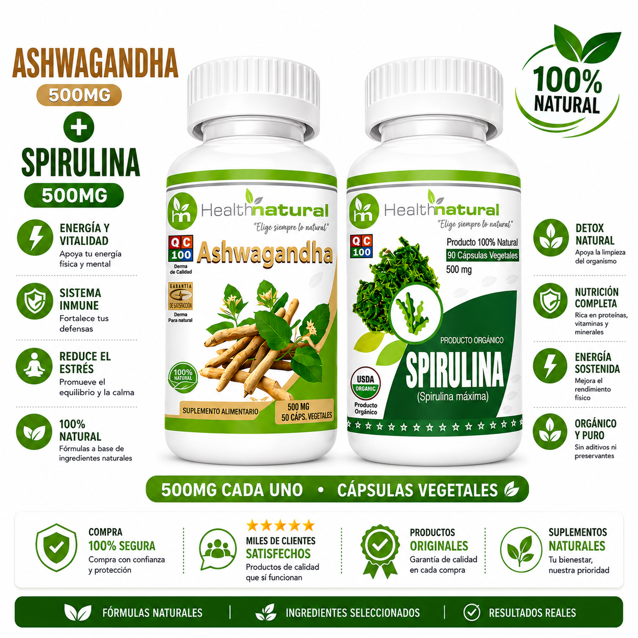 ASHWAGANDHA HEALTHNATURAL 500MG + SPIRULINA HEALTHNATURAL 500MG - 1