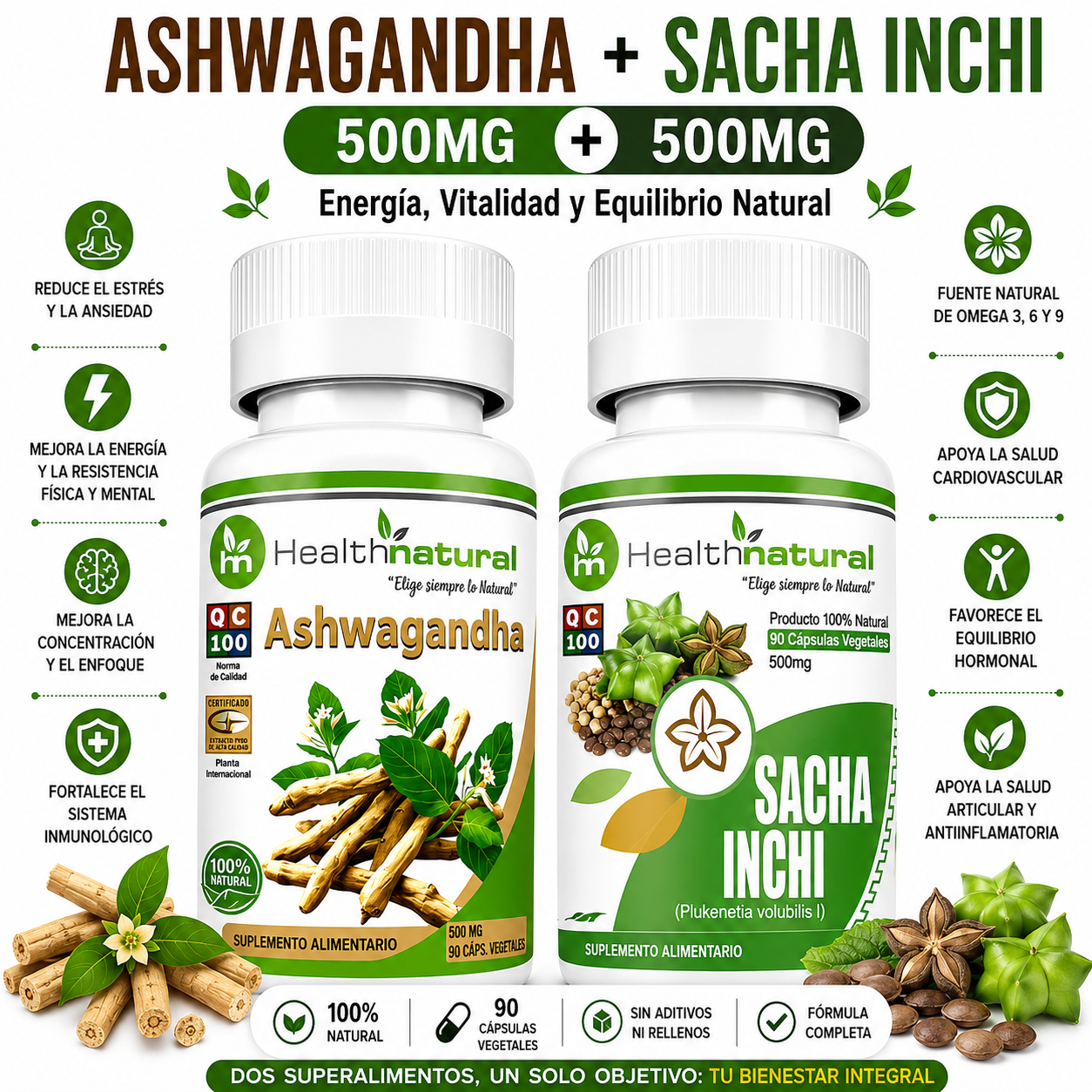 ASHWAGANDHA HEALTHNATURAL 500MG + SACHA INCHI HEALTHNATURAL 500MG - 1