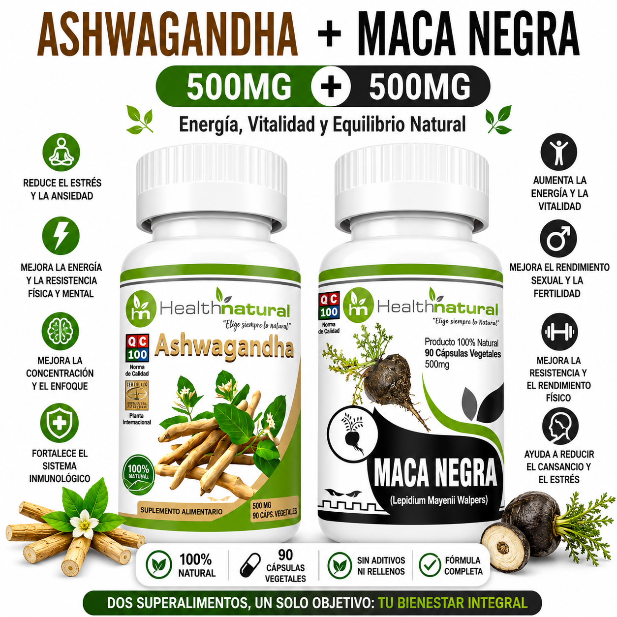 ASHWAGANDHA HEALTHNATURAL 500MG + MACA NEGRA HEALTHNATURAL 500MG - 1