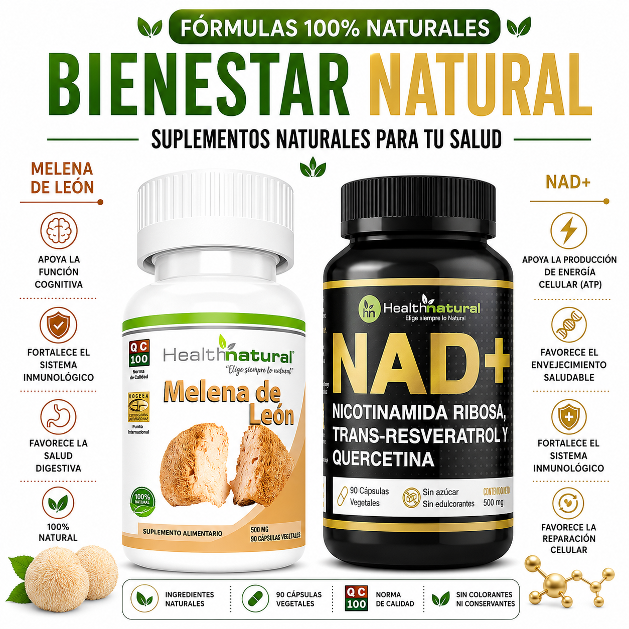 MELENA DE LEÓN HEALTHNATURAL 500MG + NAD+ HEALTHNATURAL 500MG - 1