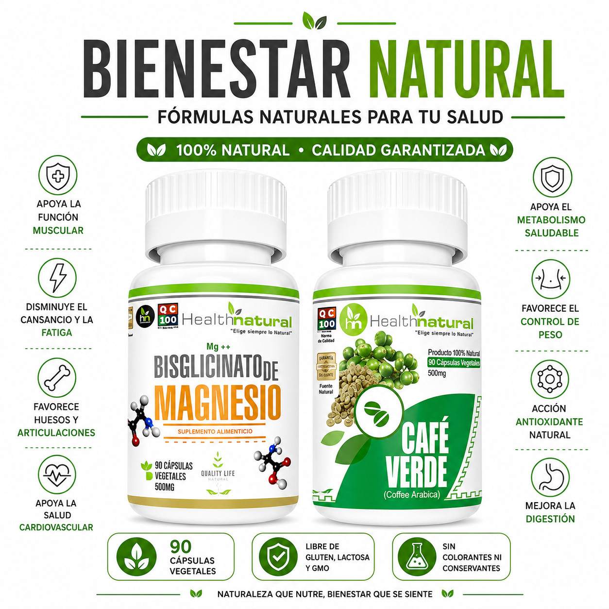 BISGLICINATO MAGNESIO HEALTHNATURAL + CAFÉ VERDE HEALTHNATURAL 500MG - 1