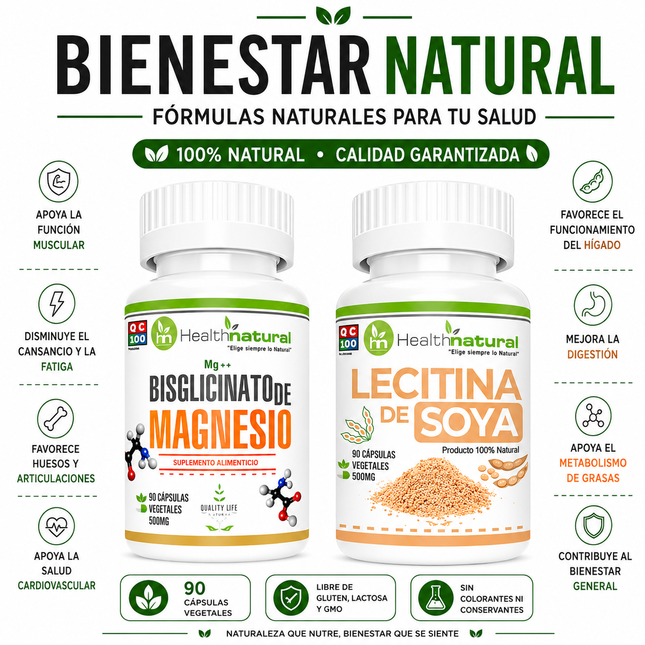 BISGLICINATO MAGNESIO HEALTHNATURAL + LECITINA DE SOYA HEALTHNATURAL - 1
