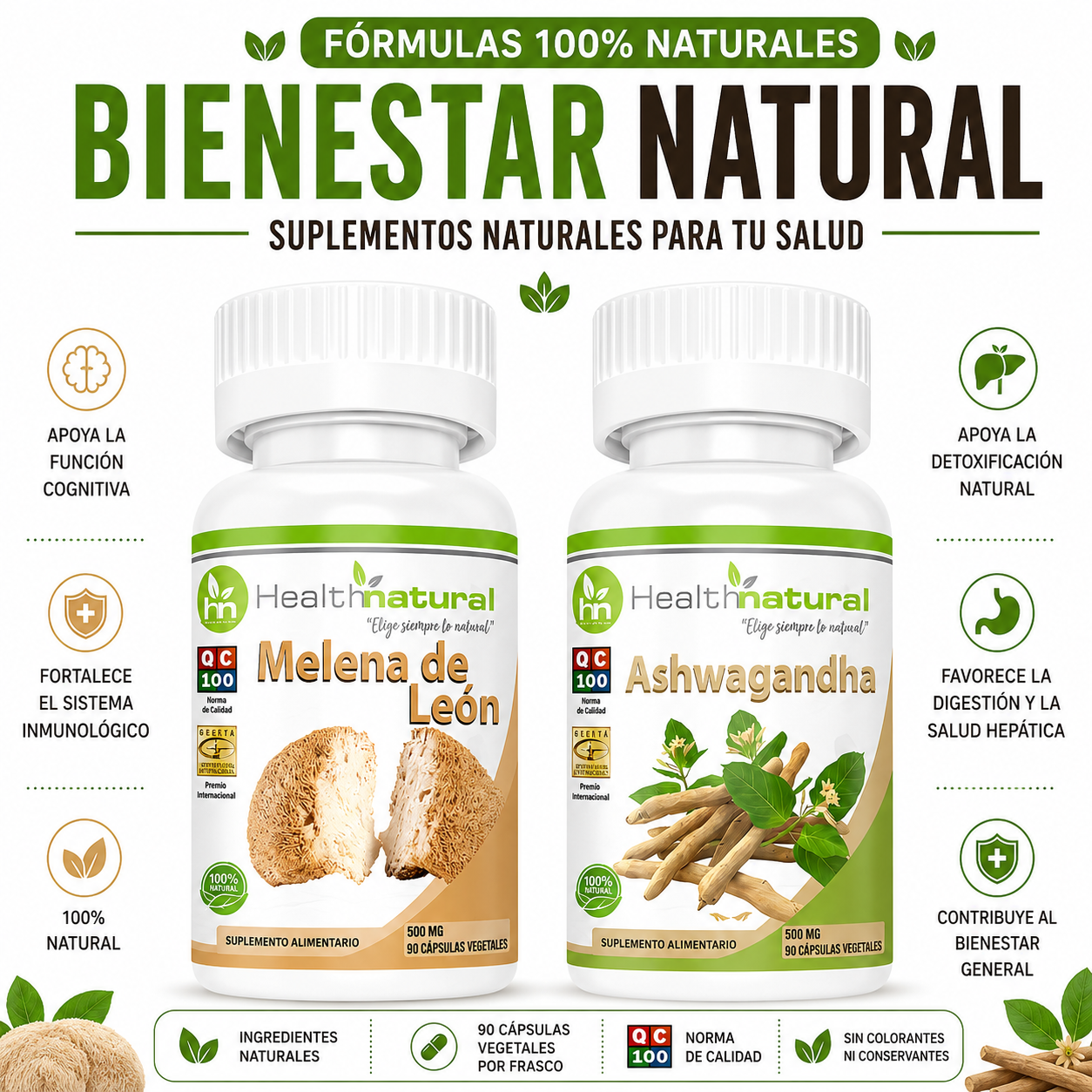 MELENA DE LEÓN HEALTHNATURAL 500MG + ASHWAGANDHA HEALTHNATURAL 500MG - 1