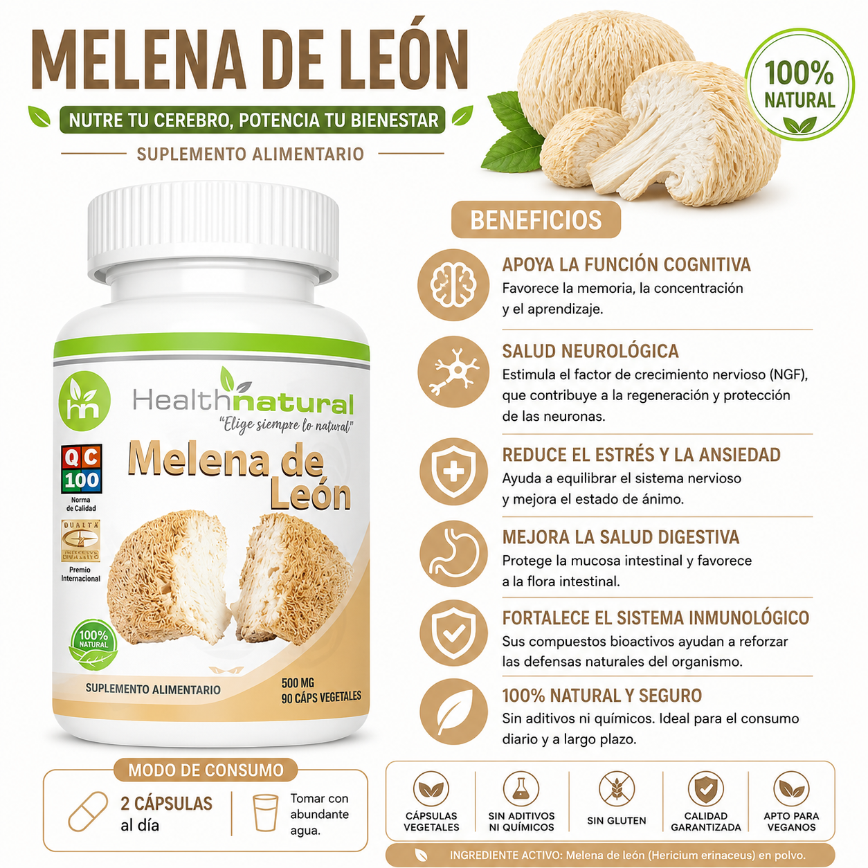 MELENA DE LEÓN HEALTHNATURAL 500MG + ASHWAGANDHA HEALTHNATURAL 500MG - 2