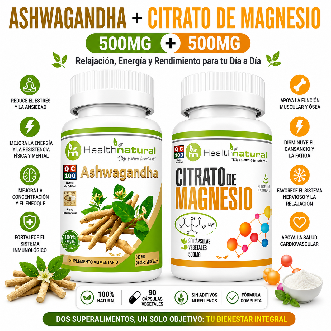 ASHWAGANDHA HEALTHNATURAL + CITRATO DE MAGNESIO HEALTHNATURAL 500MG - 1