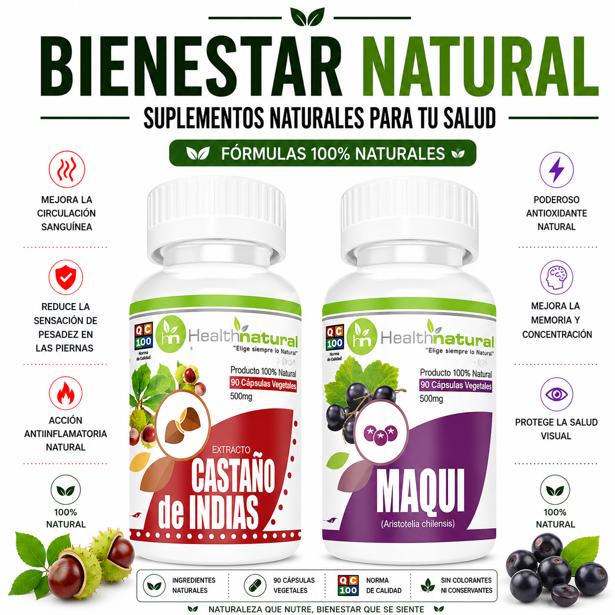 CASTAÑO DE INDIAS HEALTHNATURAL 500MG + MAQUI HEALTHNATURAL 500MG - 1