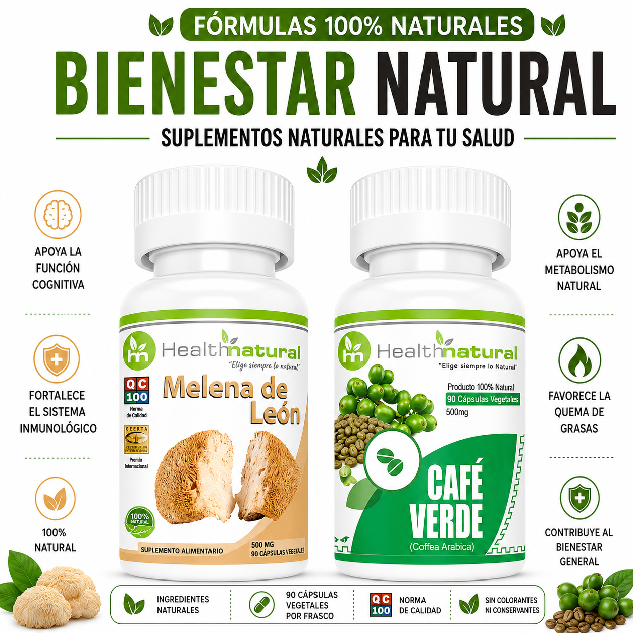 MELENA DE LEÓN HEALTHNATURAL 500MG + CAFÉ VERDE HEALTHNATURAL 500MG - 1