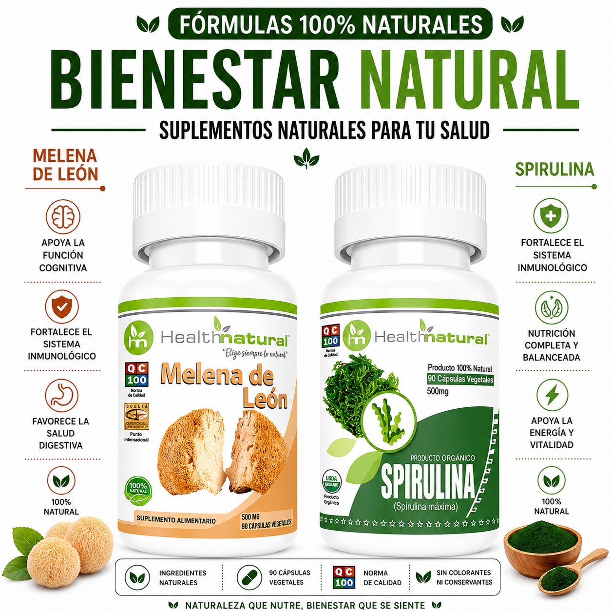 MELENA DE LEÓN HEALTHNATURAL 500MG + SPIRULINA HEALTHNATURAL 500MG - 1