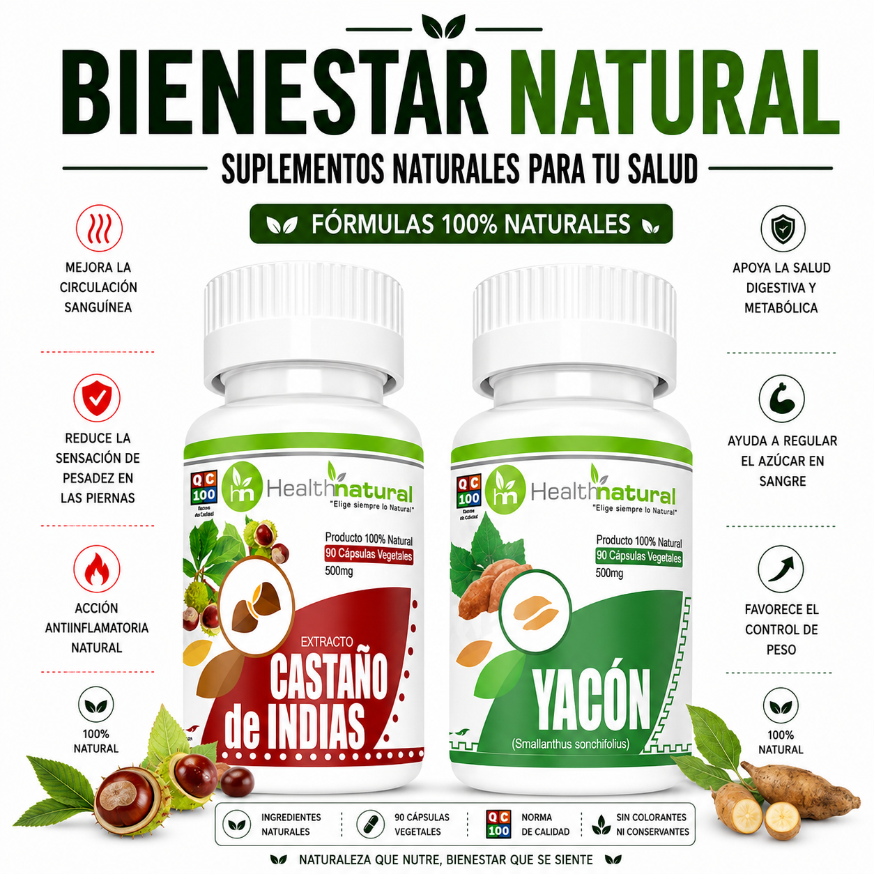 CASTAÑO DE INDIAS HEALTHNATURAL 500MG + YACÓN HEALTHNATURAL 500MG - 1