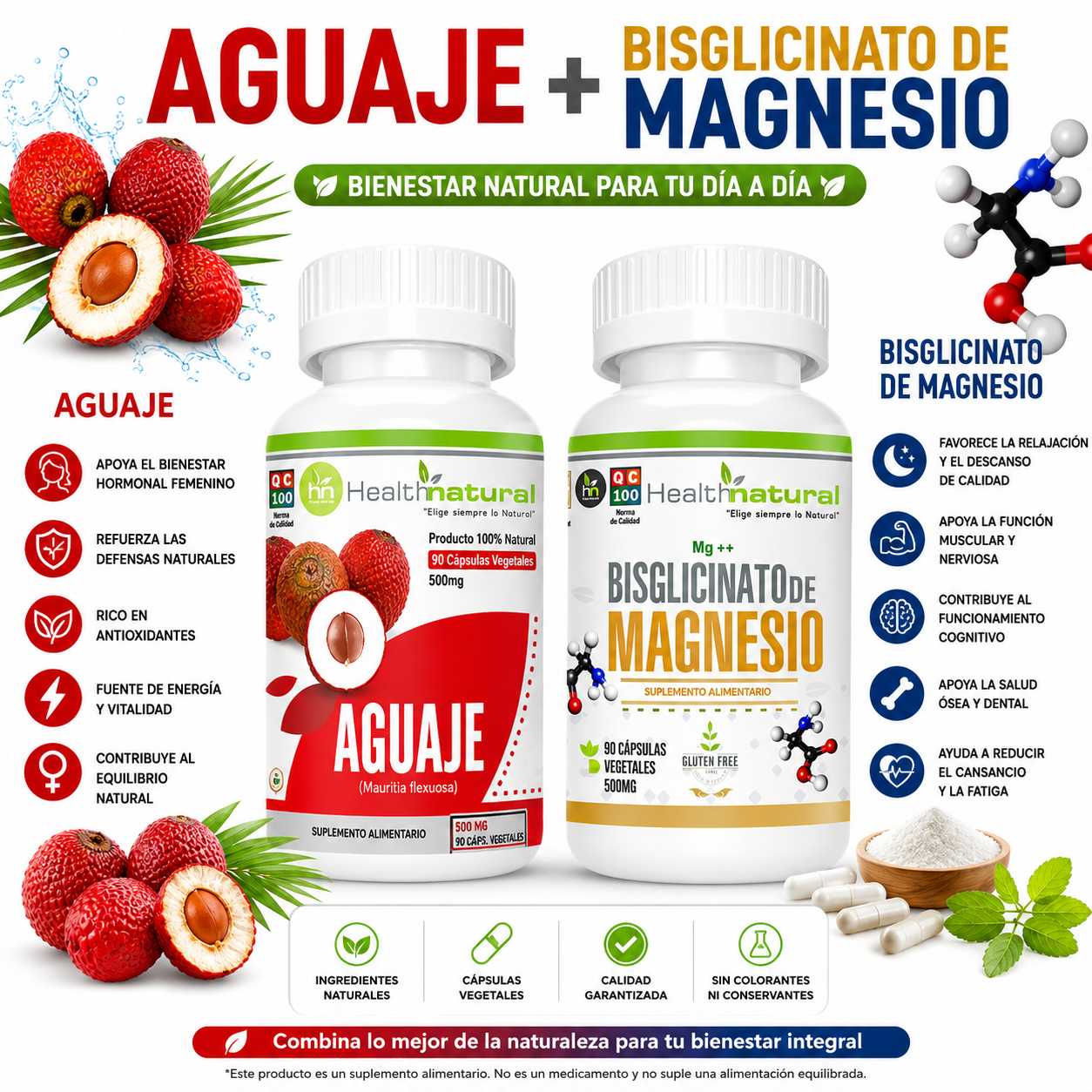 AGUAJE HEALTHNATURAL  + BISGLICINATO DE MAGNESIO HEALTHNATURAL 500MG - 1