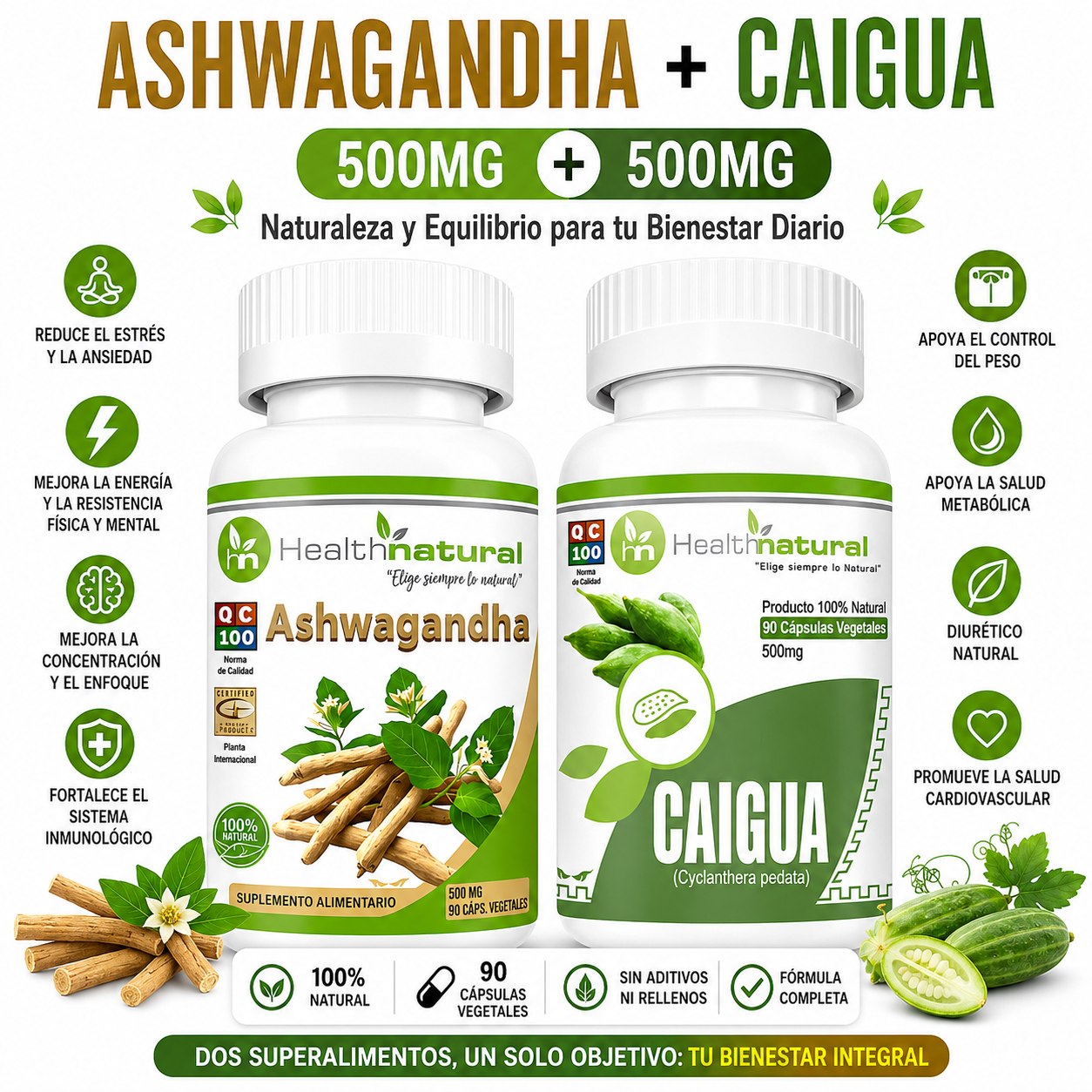 ASHWAGANDHA HEALTHNATURAL 500MG + CAIGUA HEALTHNATURAL 500MG - 1