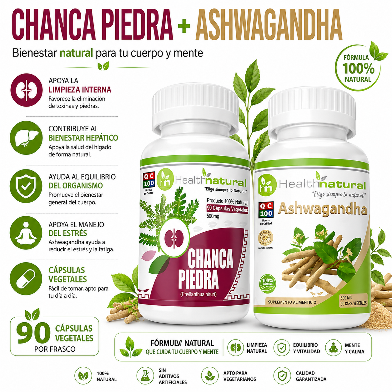 CHANCA PIEDRA HEALTHNATURAL 500MG + ASHWAGANDHA HEALTHNATURAL 500MG - 1